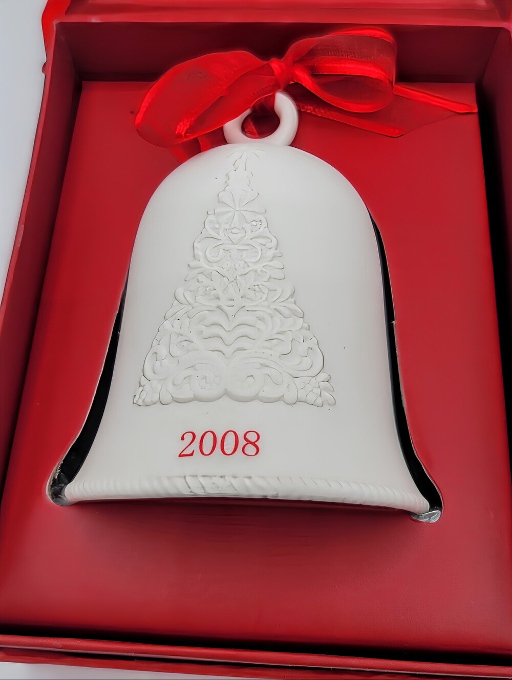 Hallmark 2008 Porcelain Dated Bell Ornament White Christmas Tree w Box